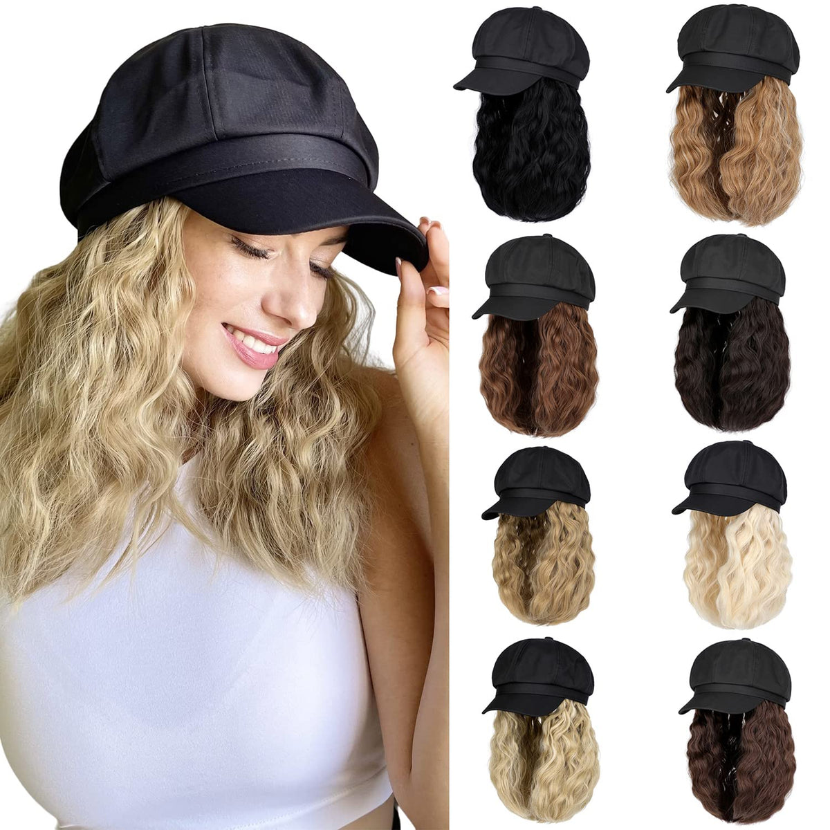 Newsboy Cap with 10 Inch Wavy Curly Hair Extensions for Women Wigyy