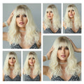 Platinum Blonde  Wavy Wig with Bangs  Synthetic Ombre White Hair Platinum Wig  20 Inch