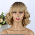 Curly Bob Wig with Bangs Natural Looking Short Ombre Brown Mixed Blonde Wig