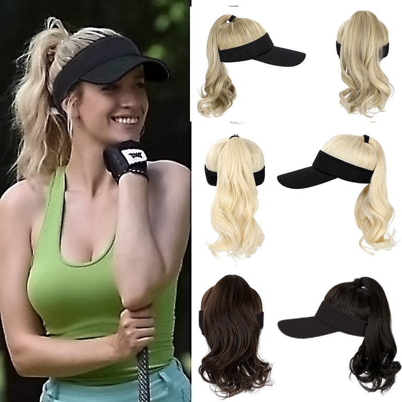 Ponytail Medium Length Curly Hair Open Top Black Hat Wig Wigyy