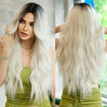 Women's Medium Long Curly Hair Big Waves Silver White Head Dyed Black Wig