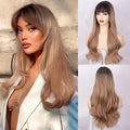 Long Water Wave Wigs Ombre Brown to Blonde Wigs with Bangs for Women