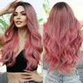 Female Long Curly Hair Medium Parting Pink Gradient Big Wave Wig