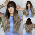 Long Curly Hair Air Bangs Gradient Beige Brown Big Wave Wig For Daily Use