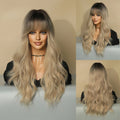 Women Bangs Long Curly Hair Big Waves Golden Head Dyed Brown Fluffy Natural Wig