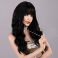 Women's Black Big Wave Curly Hair Natural Air Bangs Wig For Daily Wear