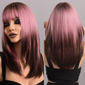 Women Bangs Long Straight Hair Gradient Pink Brown Layers Wig Suitable For Party Use