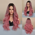 Female Long Curly Hair Medium Parting Pink Gradient Big Wave Wig