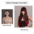 Women Bangs Long Straight Hair Black Gradient Red Suitable For Parties