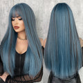 Blue Wig with Bangs Synthetic Hair Wig for Women 24 Inch Long Straight Wig