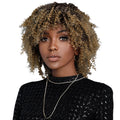 Short Curly Afro Wigs for Black Women Glueless Synthetic Wig with Bangs, Ombre Brown Wig 16"