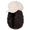 White Newsboy Cap with 10 Inch Wavy Curly Hair Extensions for Women